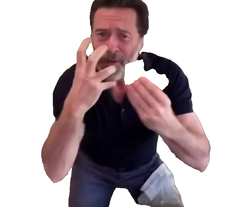 hugh-jackman-excited-eating-sand-man-in-navy-polo-eating